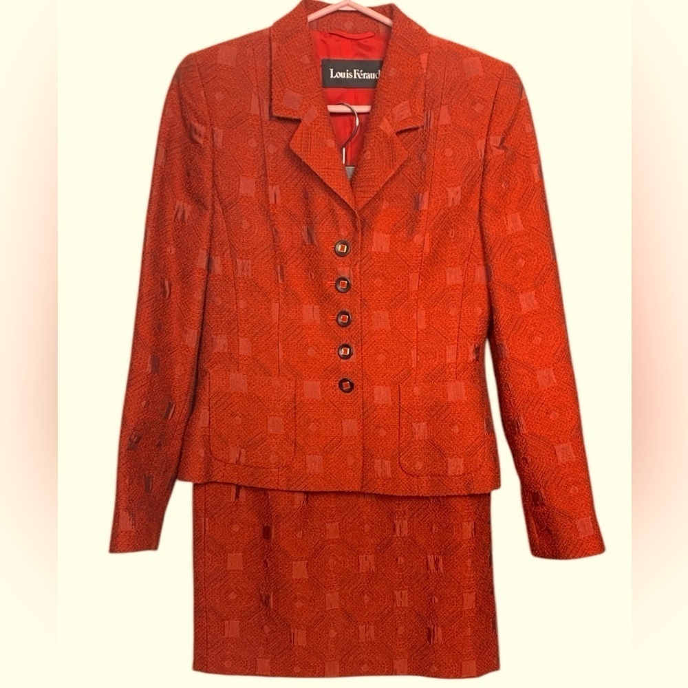 Louis Feraud Vintage Wool Blend, Lined, Rusty Red Blazer and Skirt Set - Picture 3 of 17